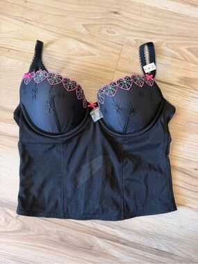 Victoria's Secret Black Longline Bustier with Pink Heart Lace